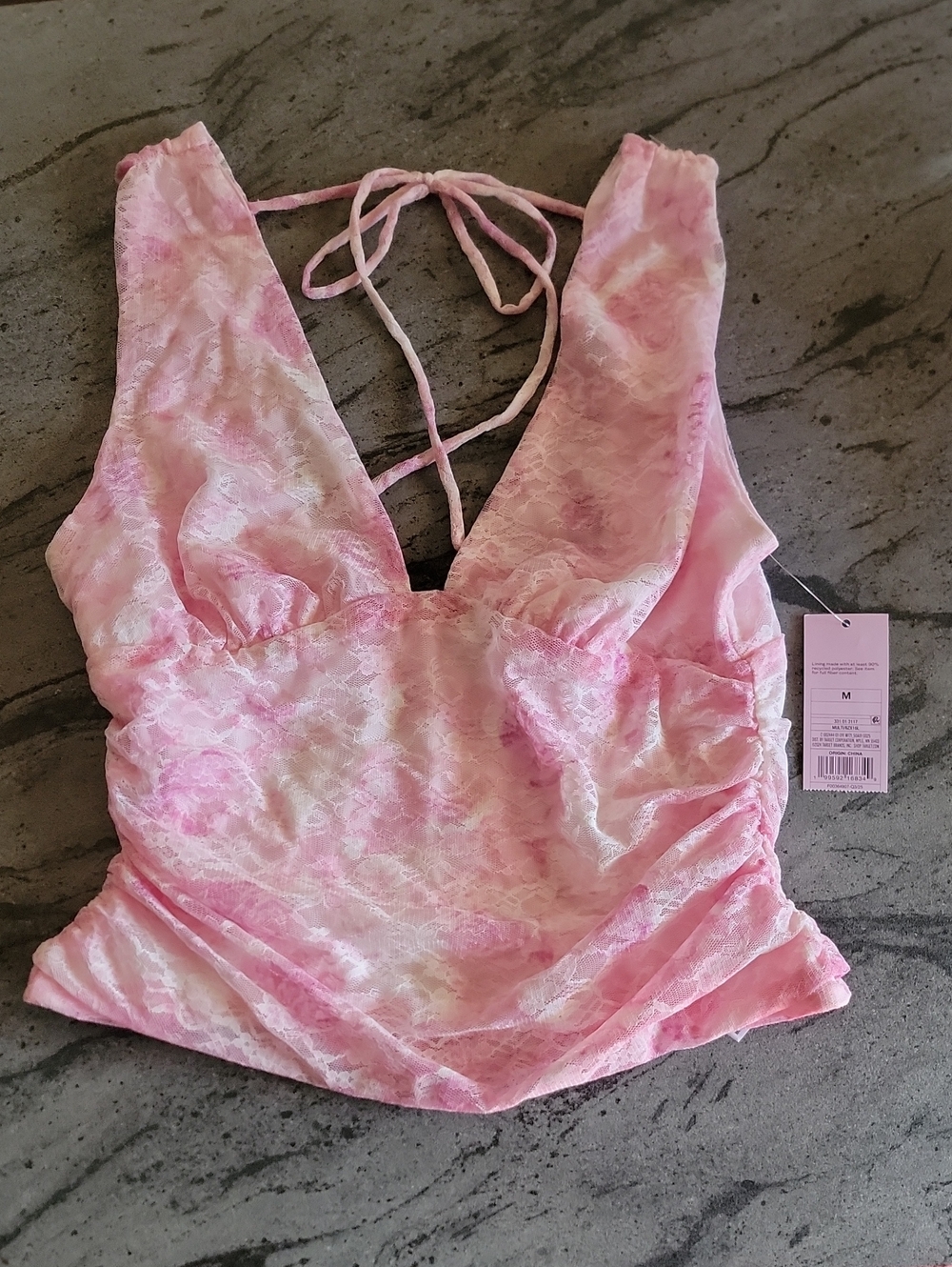 WILD FABLE Printed Lace Ruched Deep V Tank Blouse PINK WHITE sz M NWT